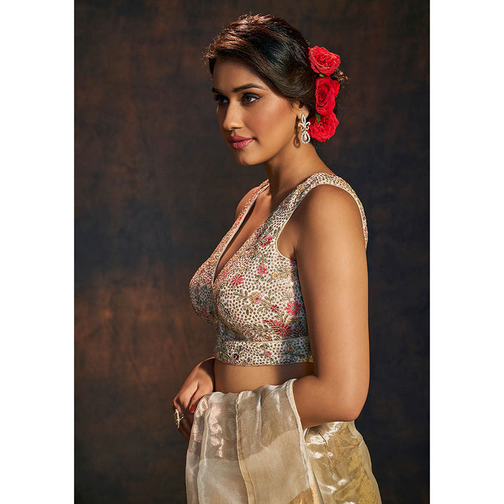 SALWAR STUDIO Cream Sleeveless Stitched Blouse with Floral Embroidery and Sequin