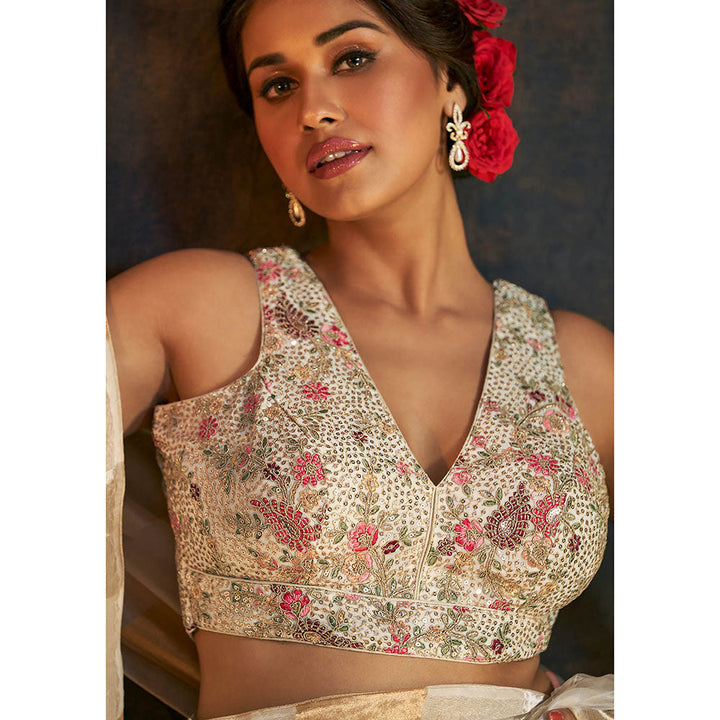 SALWAR STUDIO Cream Sleeveless Stitched Blouse with Floral Embroidery and Sequin