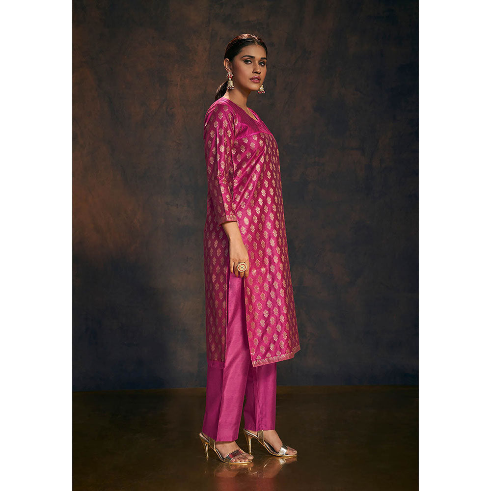 Salwar Studio Rani Pink Banarasi Silk Kurta with Pant & Dupatta (Set of 3)