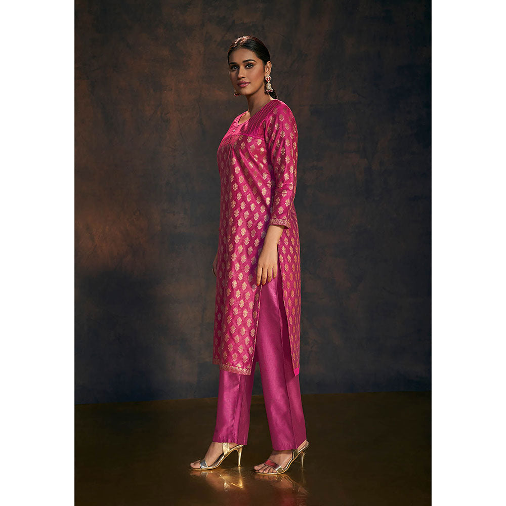 Salwar Studio Rani Pink Banarasi Silk Kurta with Pant & Dupatta (Set of 3)