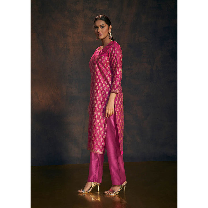 Salwar Studio Rani Pink Banarasi Silk Kurta with Pant & Dupatta (Set of 3)