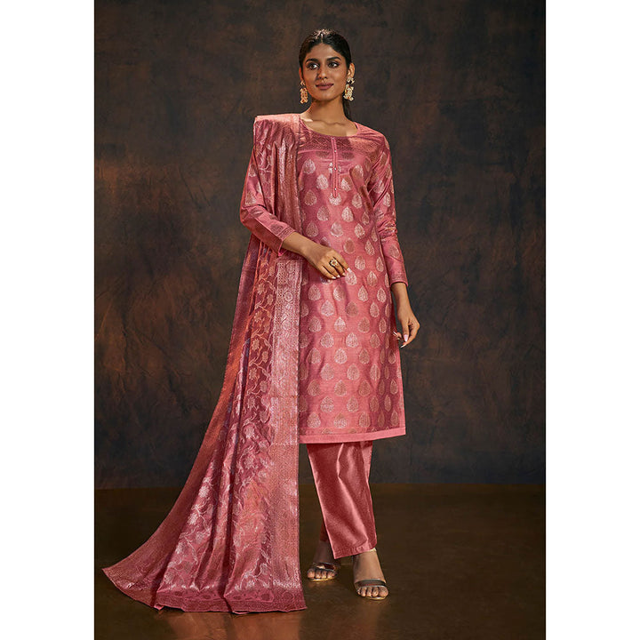 Salwar Studio Onion Pink Banarasi Silk Kurta with Pant & Dupatta (Set of 3)