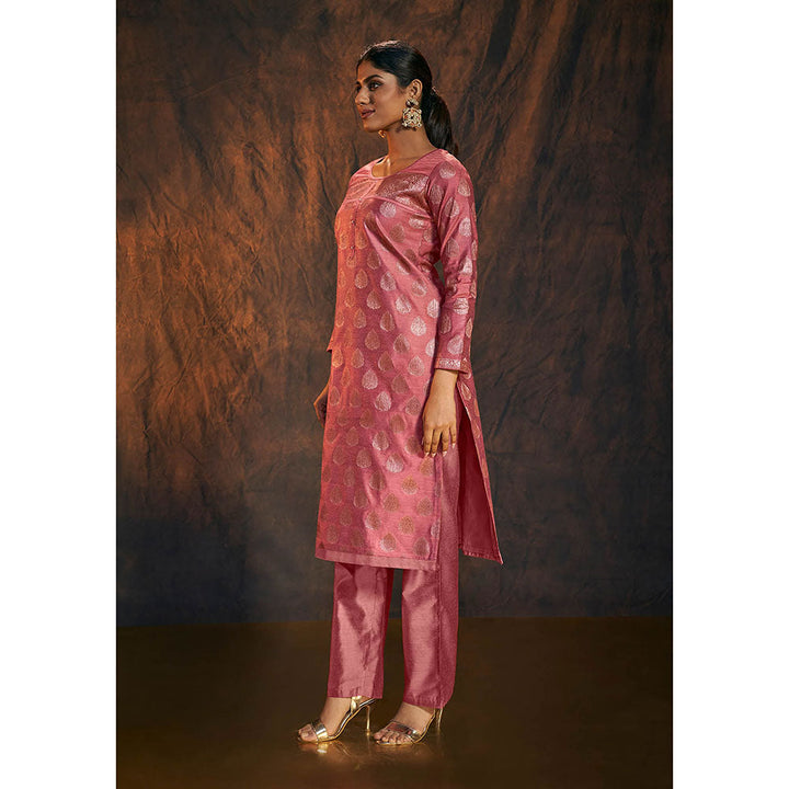 Salwar Studio Onion Pink Banarasi Silk Kurta with Pant & Dupatta (Set of 3)