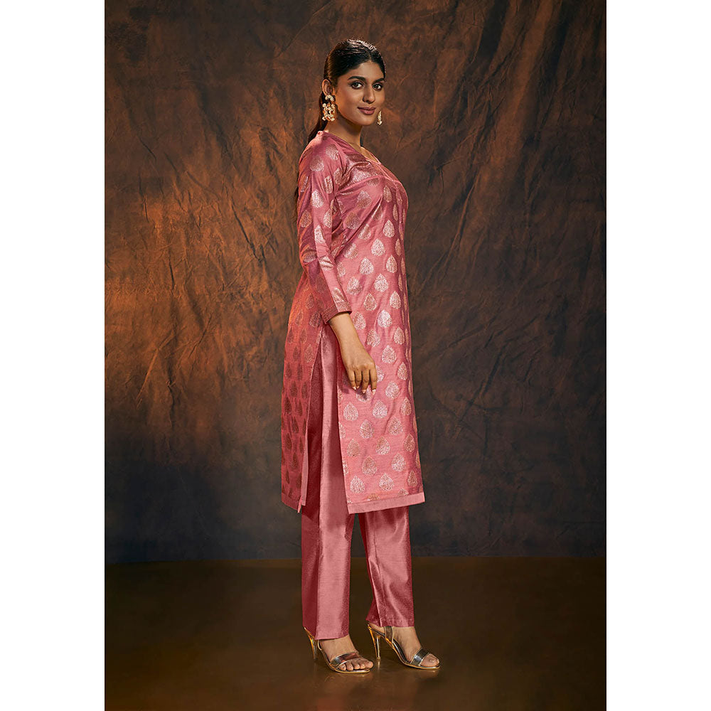 Salwar Studio Onion Pink Banarasi Silk Kurta with Pant & Dupatta (Set of 3)