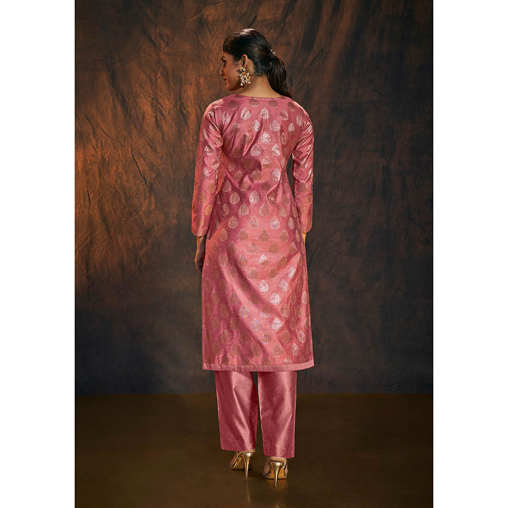 Salwar Studio Onion Pink Banarasi Silk Kurta with Pant & Dupatta (Set of 3)