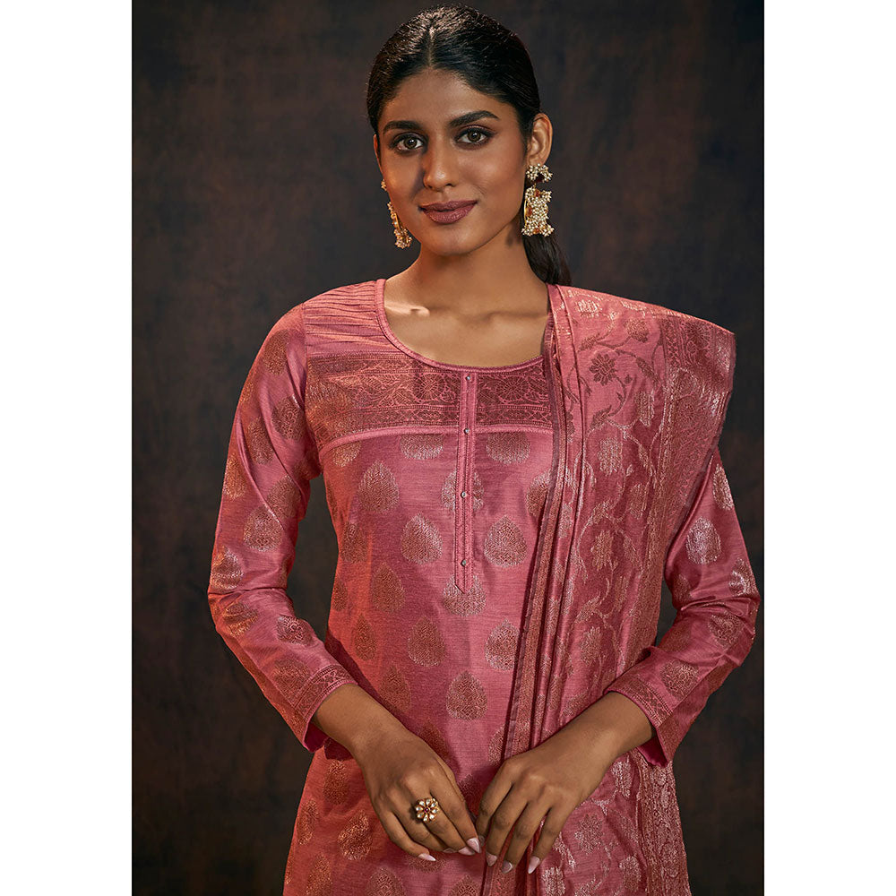 Salwar Studio Onion Pink Banarasi Silk Kurta with Pant & Dupatta (Set of 3)