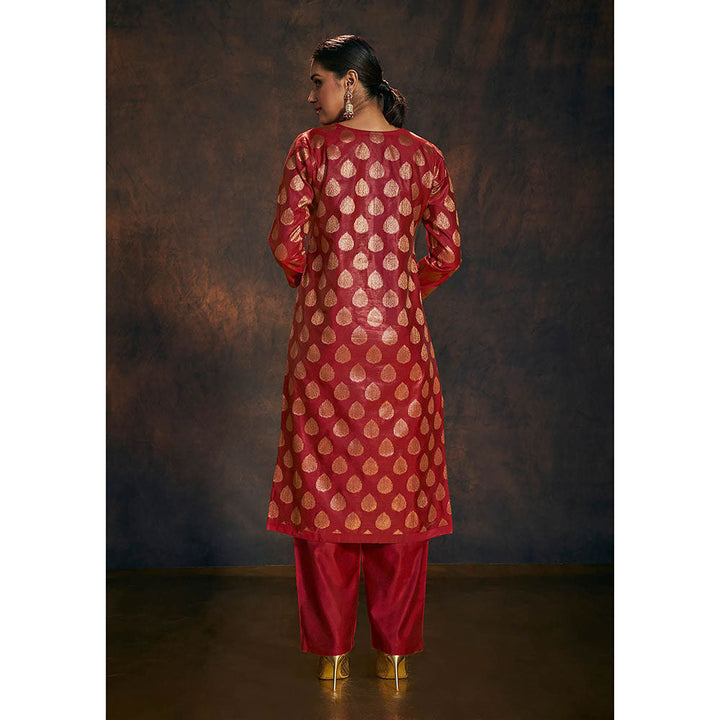 Salwar Studio Royal Red Banarasi Silk Kurta with Pant & Dupatta (Set of 3)