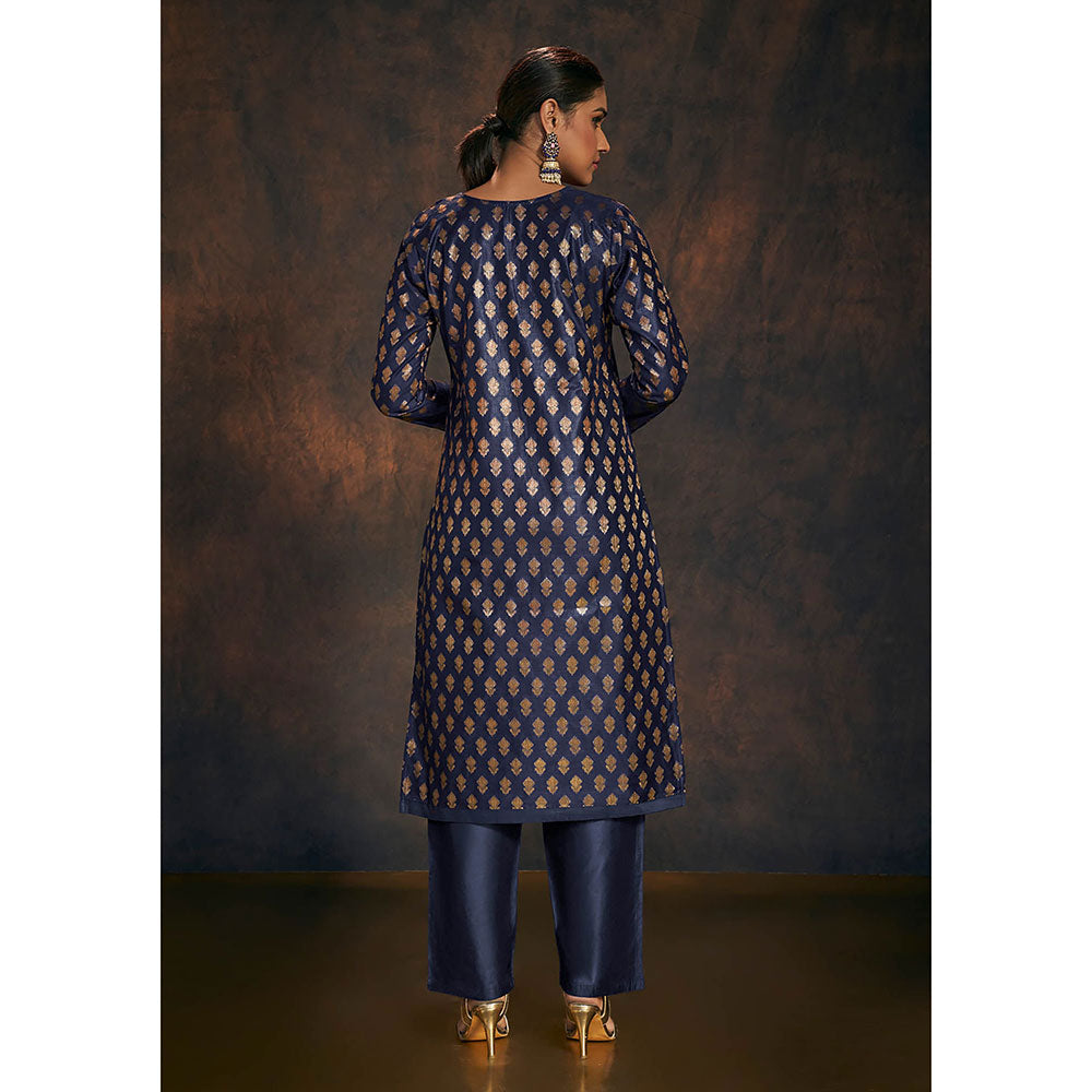 Salwar Studio Navy Blue Zari Work Banarasi Kurta with Pant & Dupatta (Set of 3)