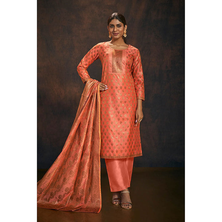 Salwar Studio Peach Work Banarasi Kurta with Pant & Dupatta (Set of 3)