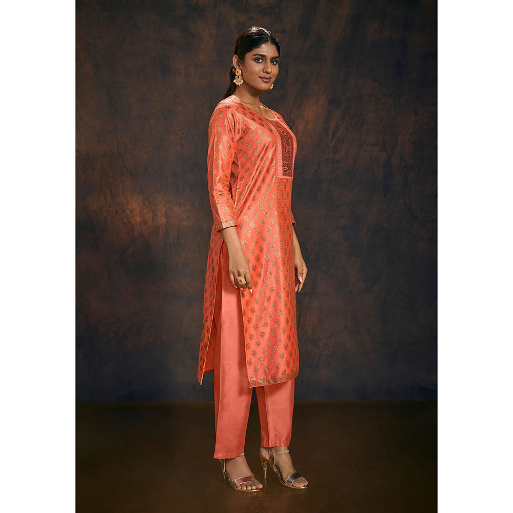 Salwar Studio Peach Work Banarasi Kurta with Pant & Dupatta (Set of 3)