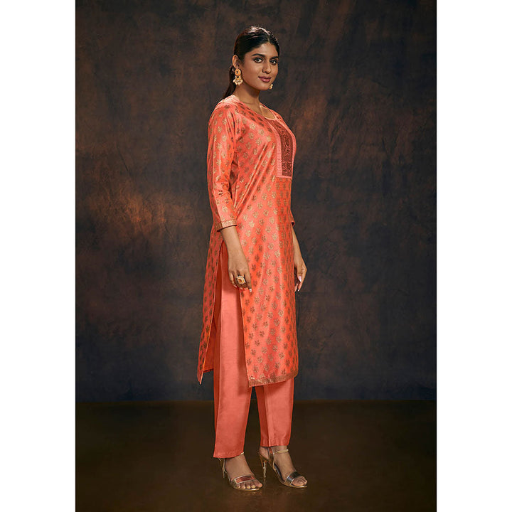 Salwar Studio Peach Work Banarasi Kurta with Pant & Dupatta (Set of 3)