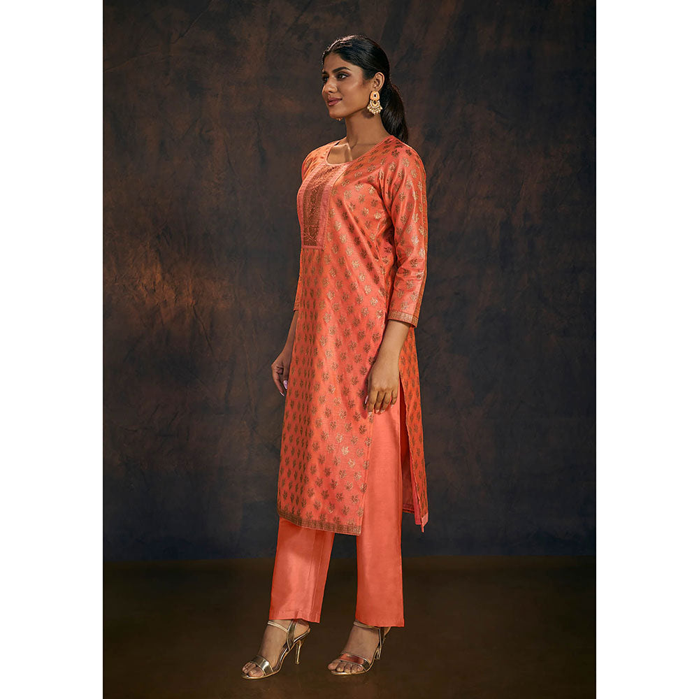 Salwar Studio Peach Work Banarasi Kurta with Pant & Dupatta (Set of 3)