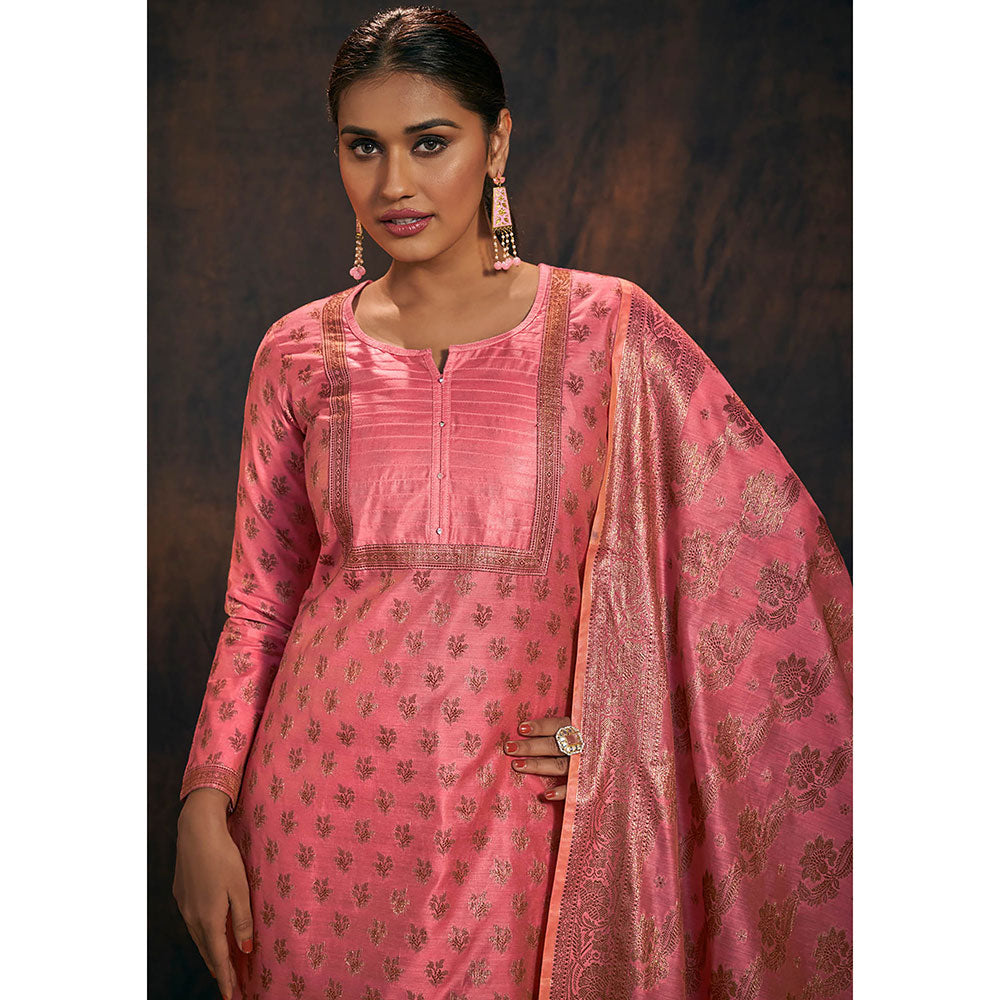 Salwar Studio Light Pink Work Banarasi Kurta with Pant & Dupatta (Set of 3)