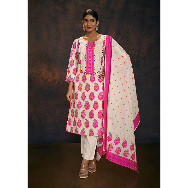 Salwar Studio Off White Pink Banarasi Chanderi Cotton Kurta & Dupatta (Set of 2)