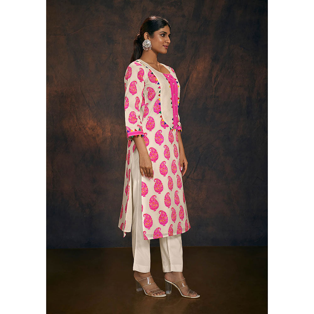 Salwar Studio Off White Pink Banarasi Chanderi Cotton Kurta & Dupatta (Set of 2)