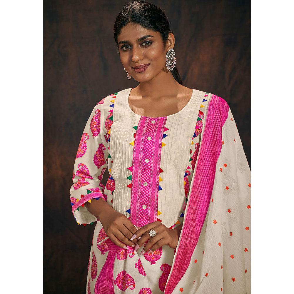 Salwar Studio Off White Pink Banarasi Chanderi Cotton Kurta & Dupatta (Set of 2)