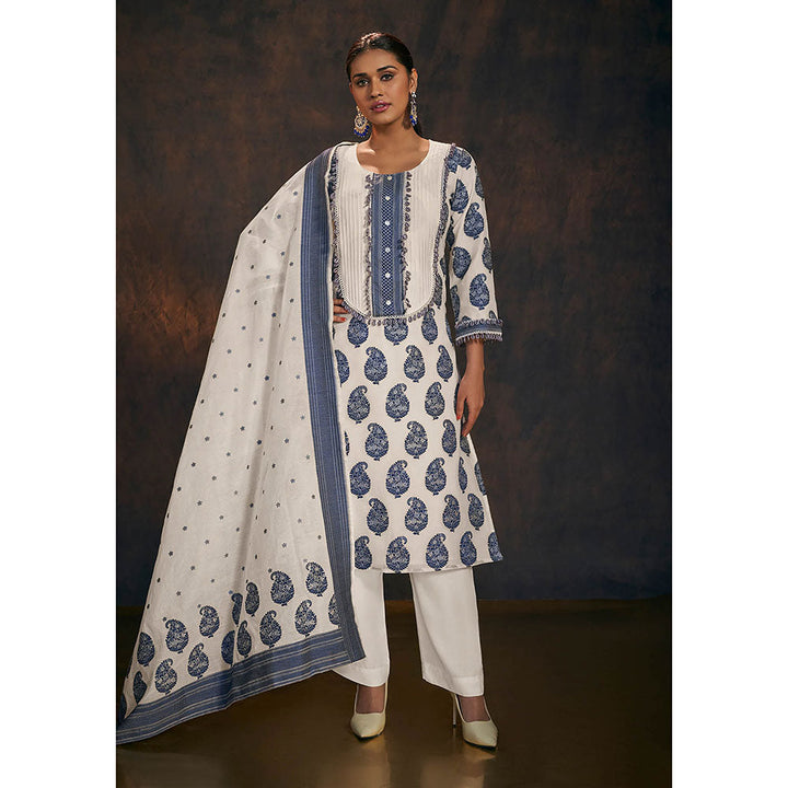 Salwar Studio Off White & Blue Banarasi Chanderi Cotton Kurta & Dupatta (Set of 2)