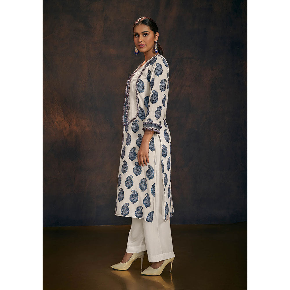 Salwar Studio Off White & Blue Banarasi Chanderi Cotton Kurta & Dupatta (Set of 2)