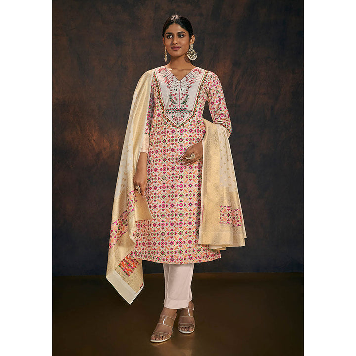 Salwar Studio Off White Embroidered Banarasi Chanderi Silk Kurta & Dupatta (Set of 2)