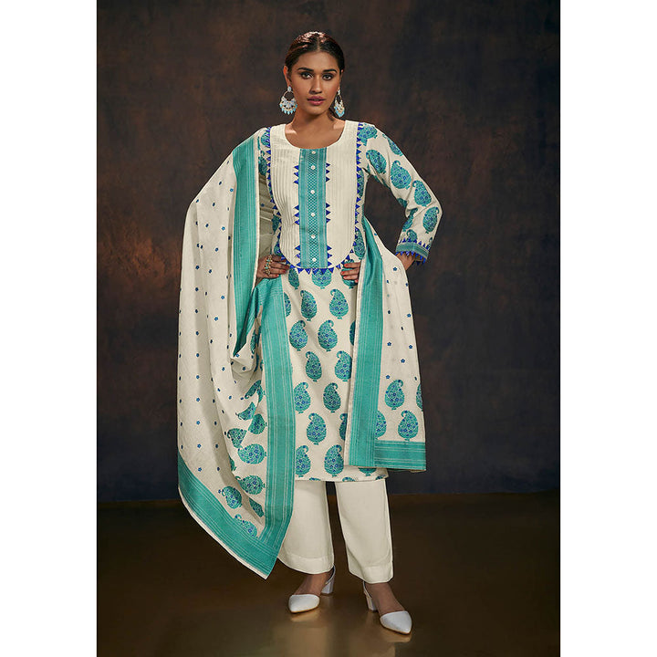 Salwar Studio Turquoise And Ivory Banarasi Chanderi Silk Kurta & Dupatta (Set of 2)