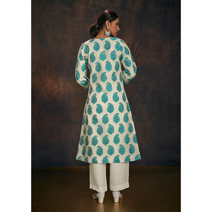 Salwar Studio Turquoise And Ivory Banarasi Chanderi Silk Kurta & Dupatta (Set of 2)