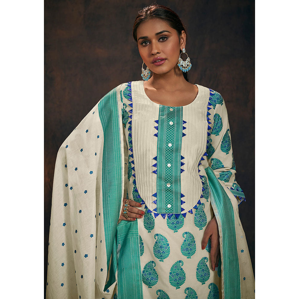 Salwar Studio Turquoise And Ivory Banarasi Chanderi Silk Kurta & Dupatta (Set of 2)