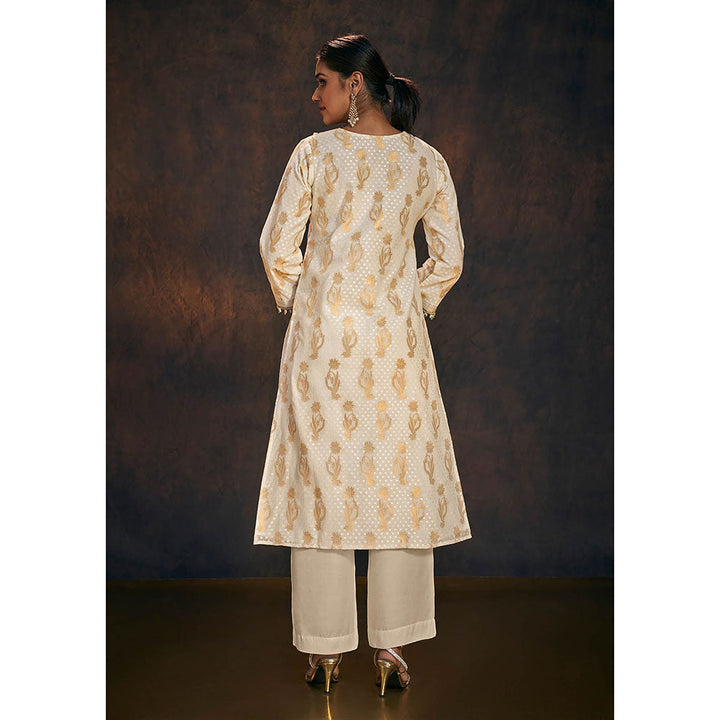 Salwar Studio Gold And Cream Banarasi Chanderi Silk Kurta & Dupatta (Set of 2)