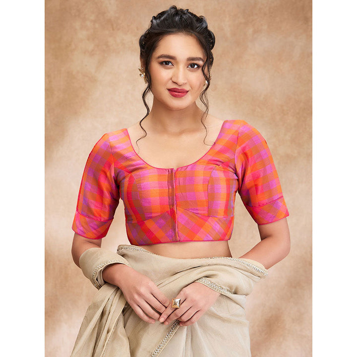 SALWAR STUDIO Pink Silk Woven Round Neck Checkered Blouse