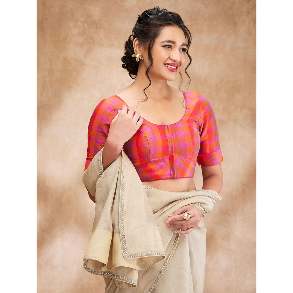 SALWAR STUDIO Pink Silk Woven Round Neck Checkered Blouse