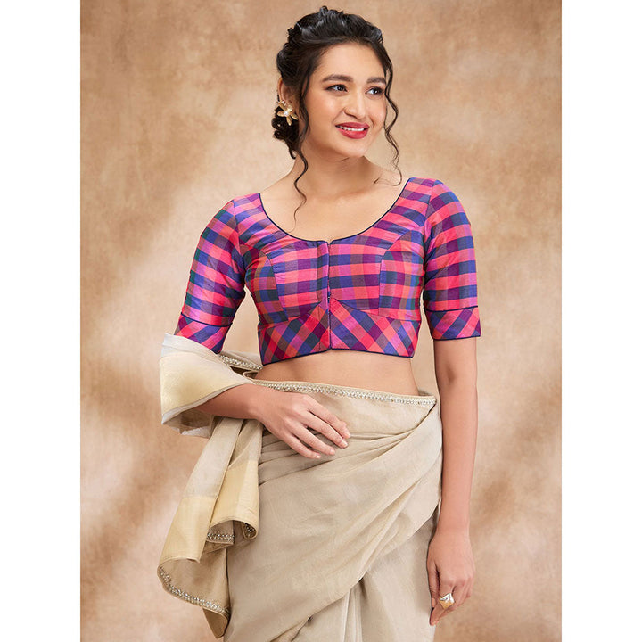 SALWAR STUDIO Navy Blue Silk Woven Round Neck Checkered Blouse