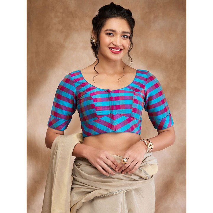 SALWAR STUDIO Blue Silk Woven Round Neck Checkered Blouse