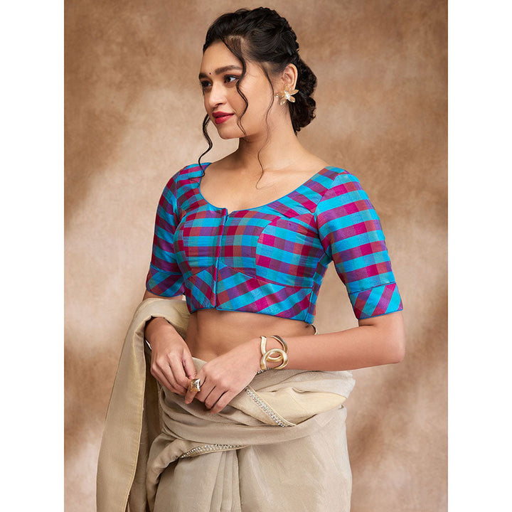 SALWAR STUDIO Blue Silk Woven Round Neck Checkered Blouse