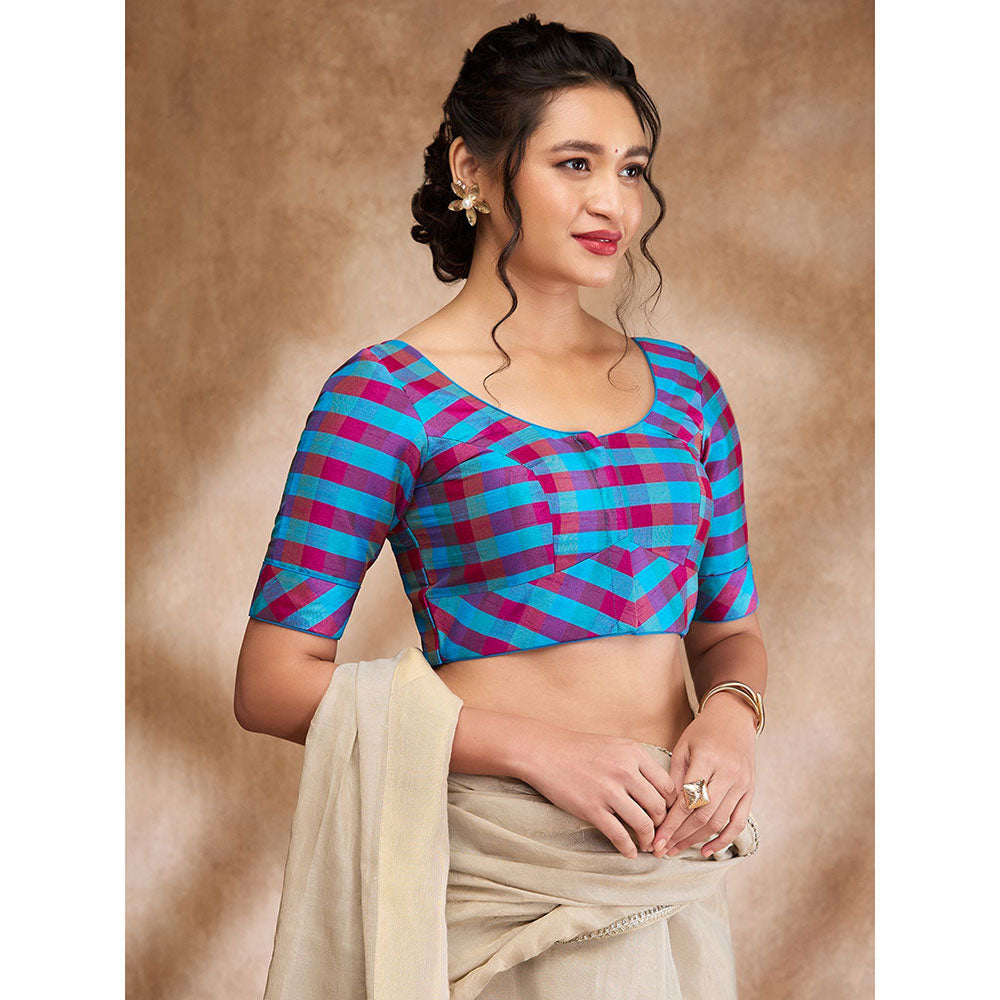 SALWAR STUDIO Blue Silk Woven Round Neck Checkered Blouse