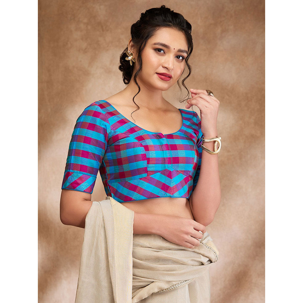 SALWAR STUDIO Blue Silk Woven Round Neck Checkered Blouse