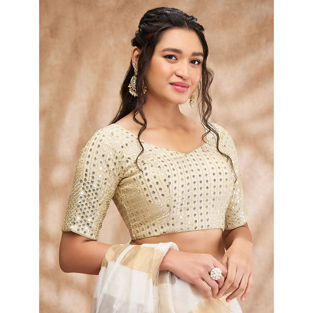 SALWAR STUDIO Light Gold Sweetheart Neck Sequin Embellished Blouse