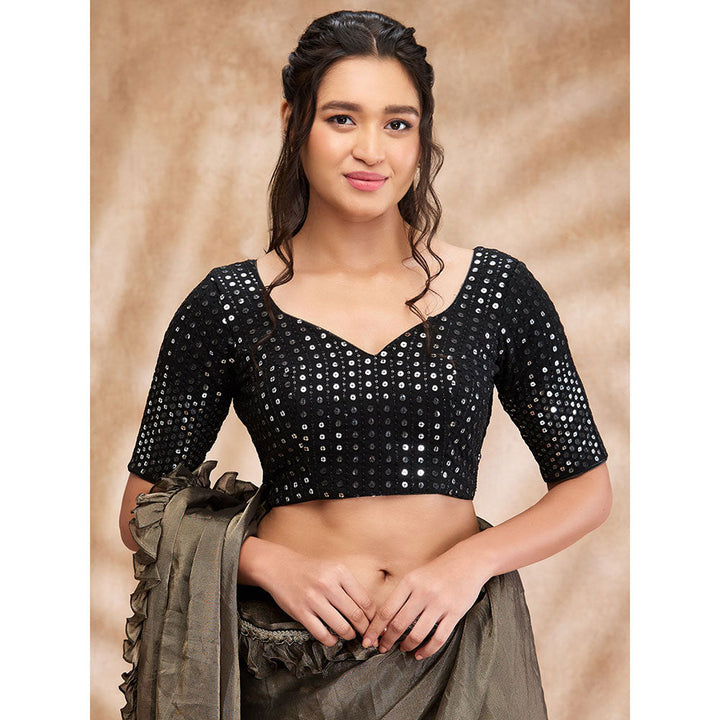 SALWAR STUDIO Black Silk Sweetheart Neck Sequin Embellished Blouse