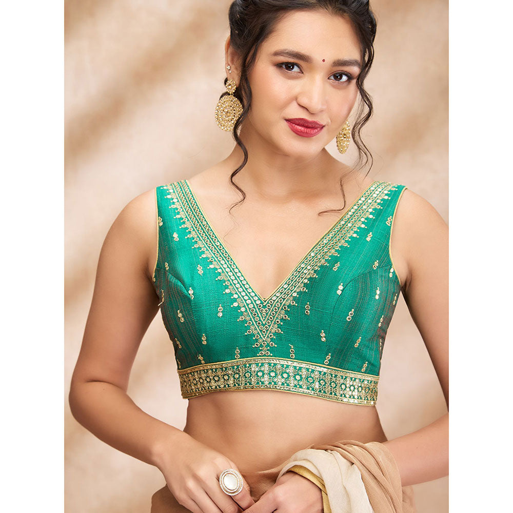 SALWAR STUDIO Green Mulberry Silk Embroidered V Neck Zari Sleeveless Blouse