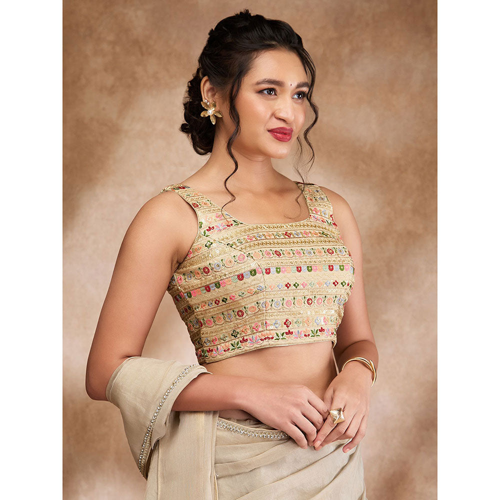 SALWAR STUDIO Gold Silk Embroidered Square Neck Sequin Sleeveless Blouse