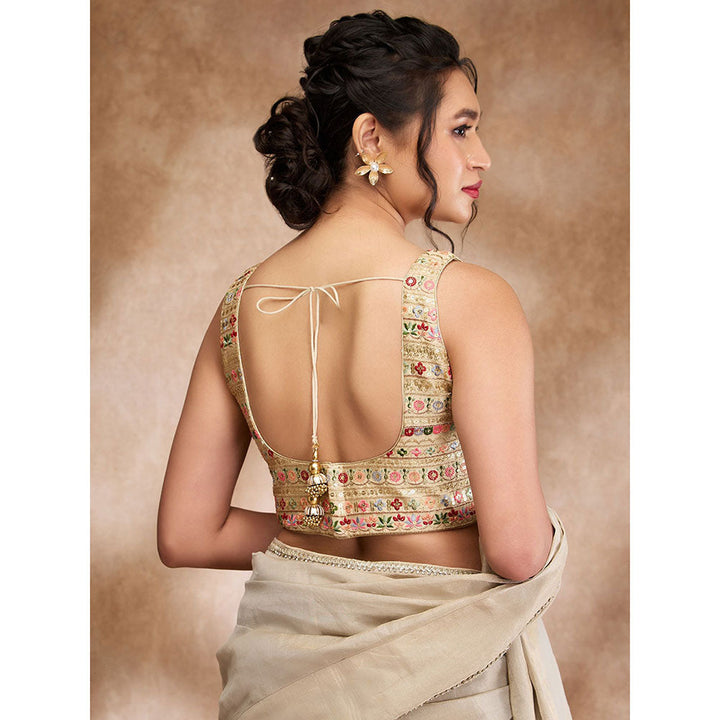 SALWAR STUDIO Gold Silk Embroidered Square Neck Sequin Sleeveless Blouse