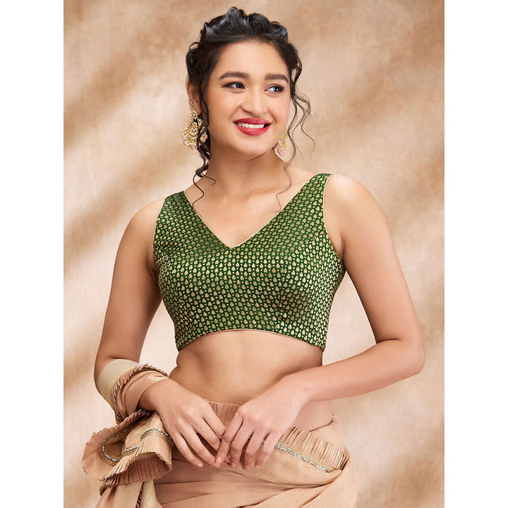 SALWAR STUDIO Bottle Green Brocade Woven Design Sleeveless Zari Blouse with Additional Sleeves