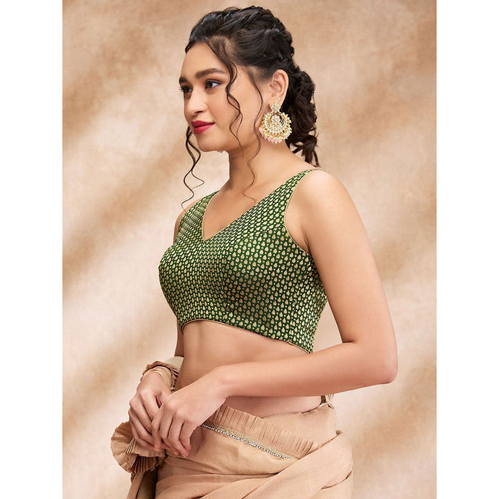 SALWAR STUDIO Bottle Green Brocade Woven Design Sleeveless Zari Blouse with Additional Sleeves