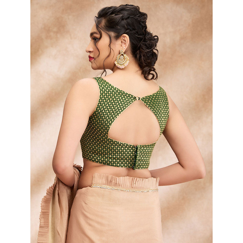 SALWAR STUDIO Bottle Green Brocade Woven Design Sleeveless Zari Blouse with Additional Sleeves