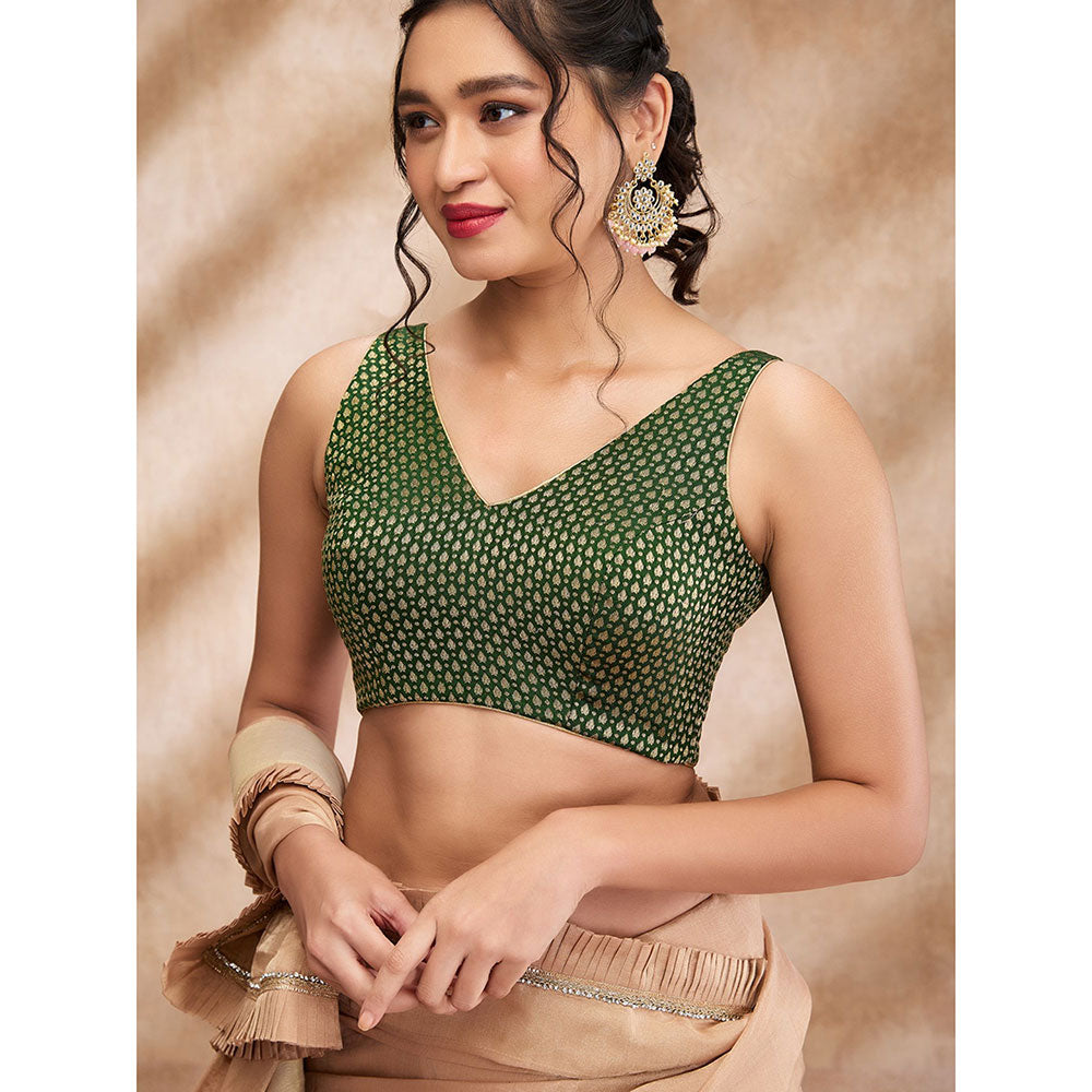 SALWAR STUDIO Bottle Green Brocade Woven Design Sleeveless Zari Blouse with Additional Sleeves