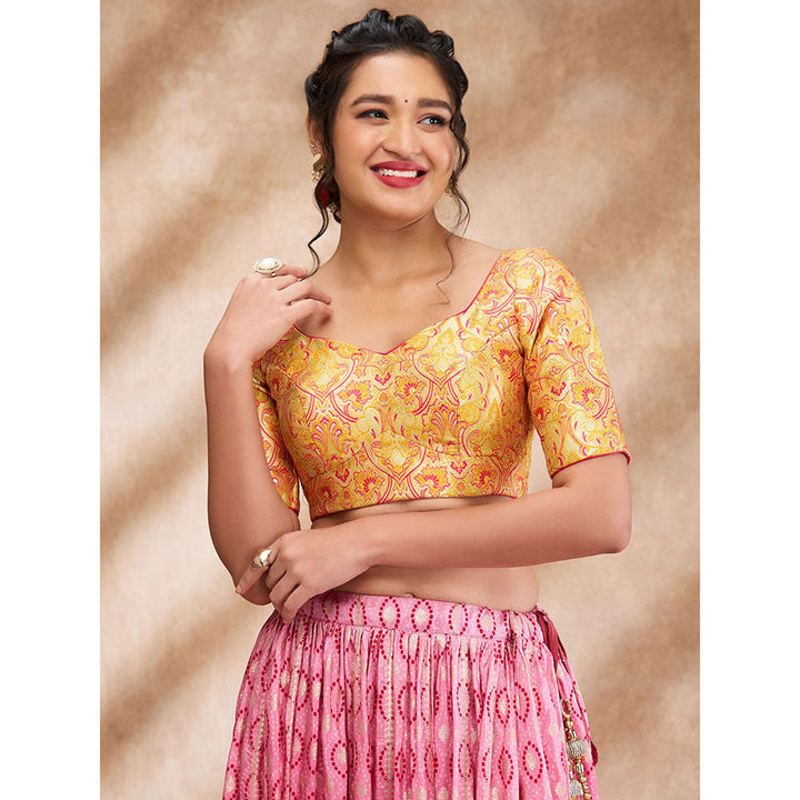 SALWAR STUDIO Yellow Brocade Woven Sweetheart Neck Sleeve Thread Blouse