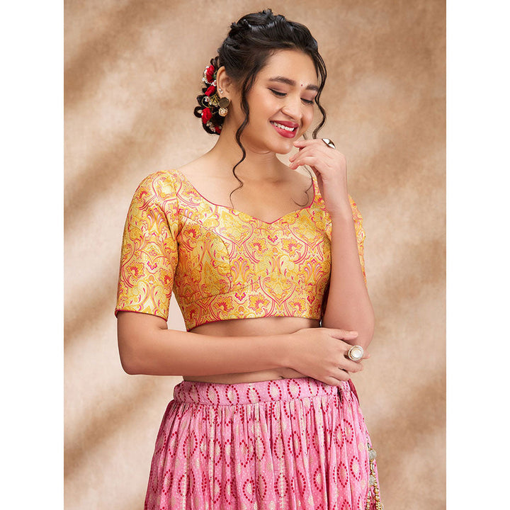 SALWAR STUDIO Yellow Brocade Woven Sweetheart Neck Sleeve Thread Blouse