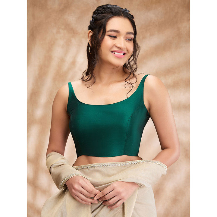 SALWAR STUDIO Green Taffeta Solid Round Neck Sleeveless Blouse