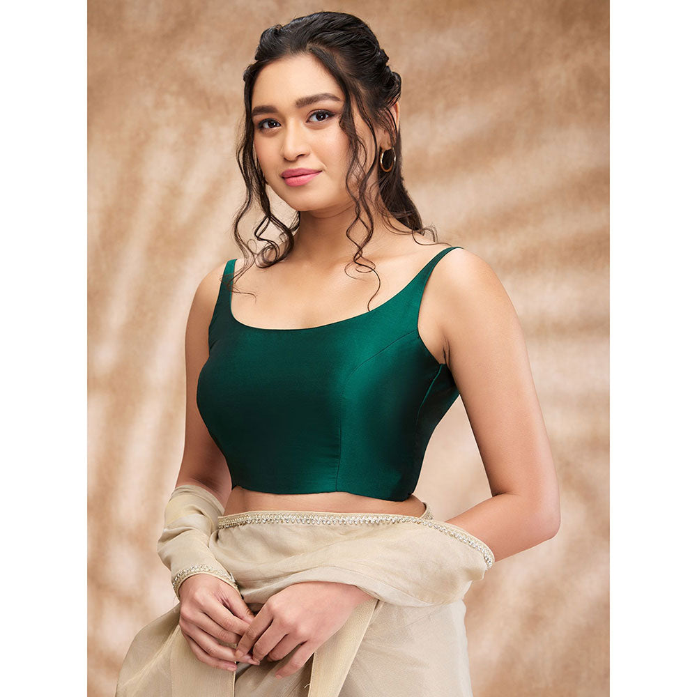 SALWAR STUDIO Green Taffeta Solid Round Neck Sleeveless Blouse