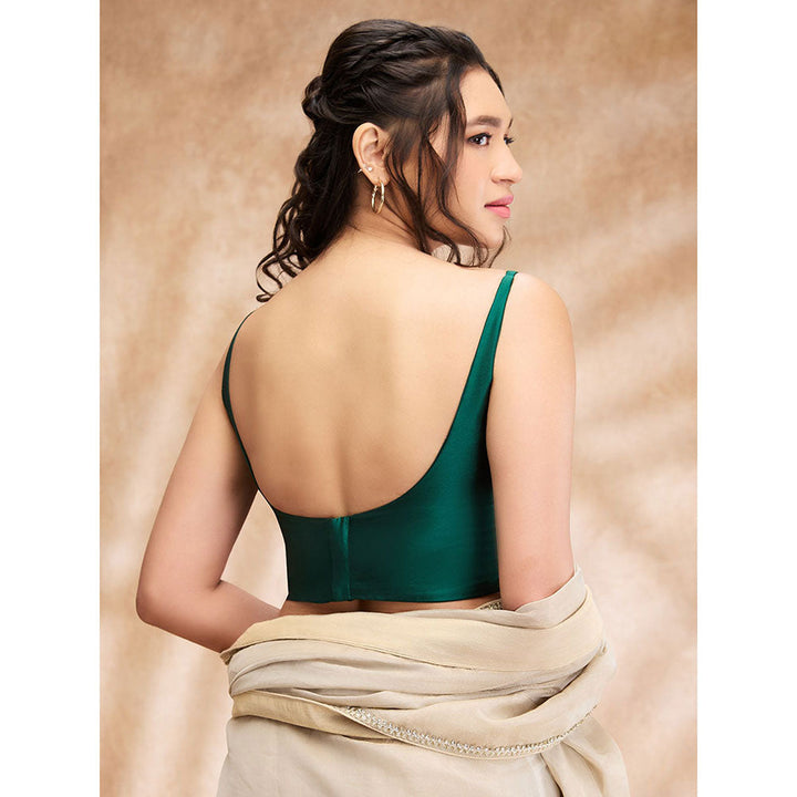 SALWAR STUDIO Green Taffeta Solid Round Neck Sleeveless Blouse