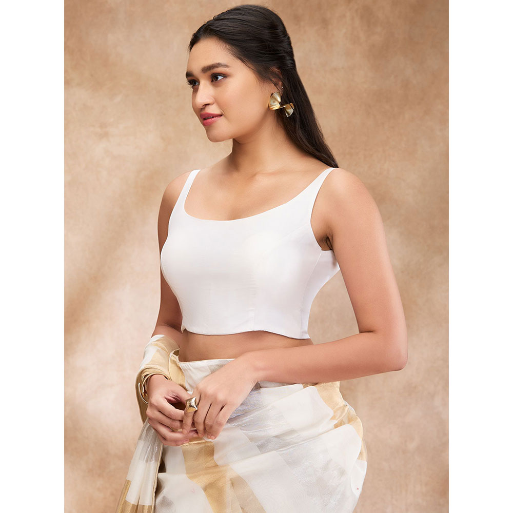 SALWAR STUDIO Off White Taffeta Solid Round Neck Sleeveless Blouse