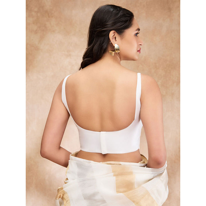 SALWAR STUDIO Off White Taffeta Solid Round Neck Sleeveless Blouse